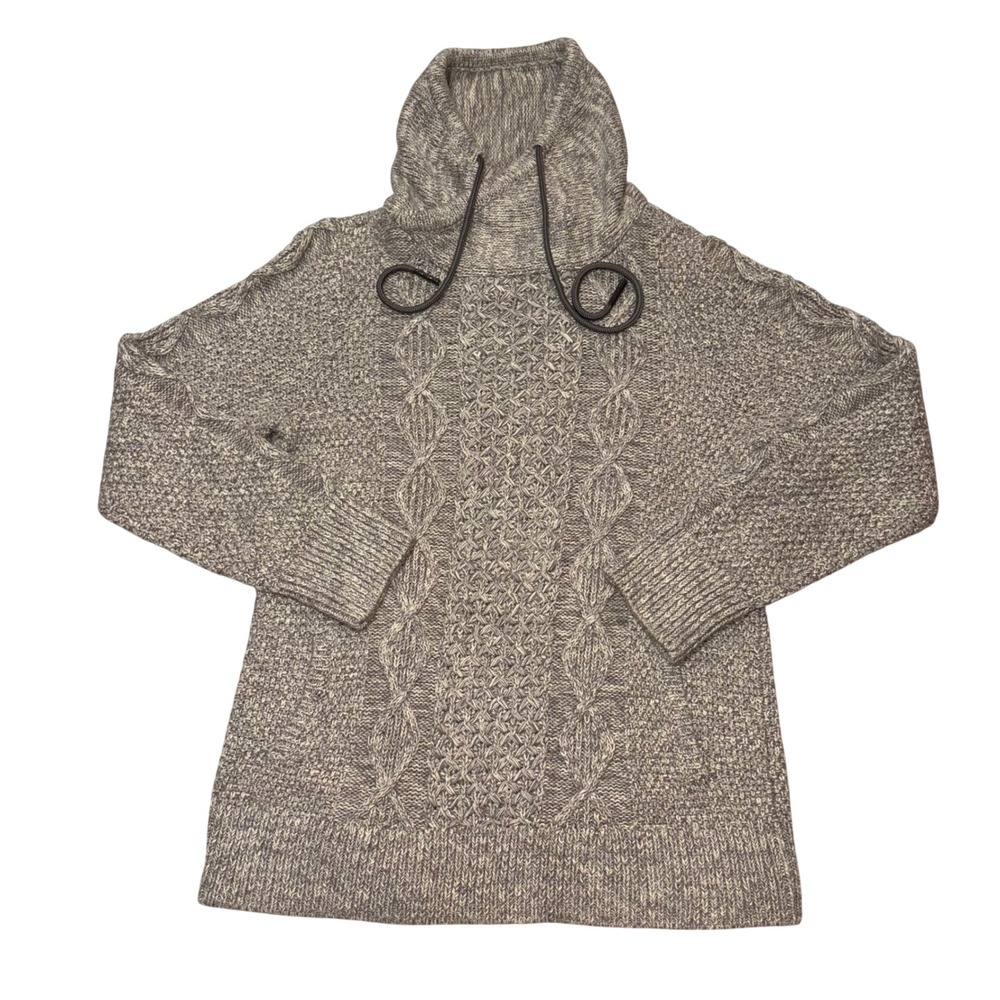 LL Bean Signature‎ woman's Gray Cotton Cable Knit Funnel Neck Sweater Medium EUC